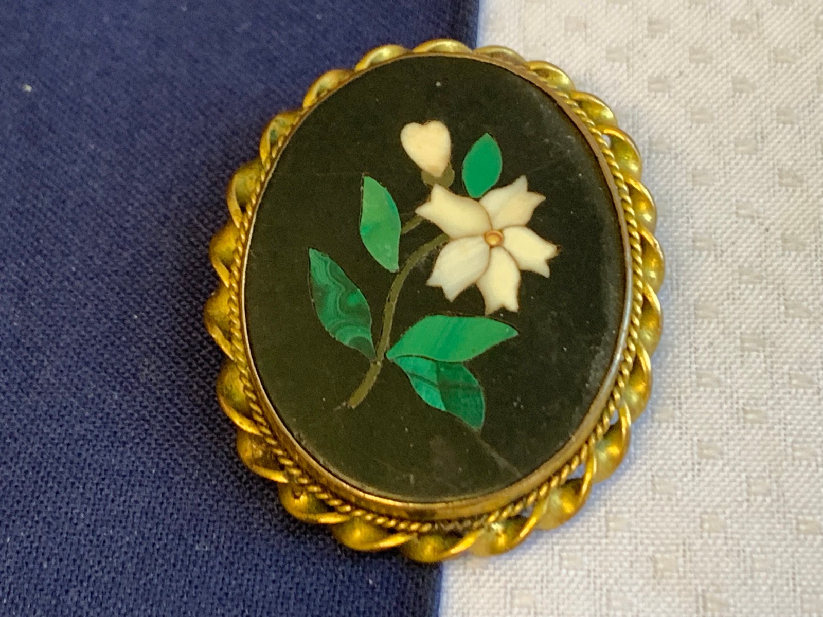 Antique Pietra Dura Brooch Costume Jewelry White Flower Floral Stone Inlay Pin