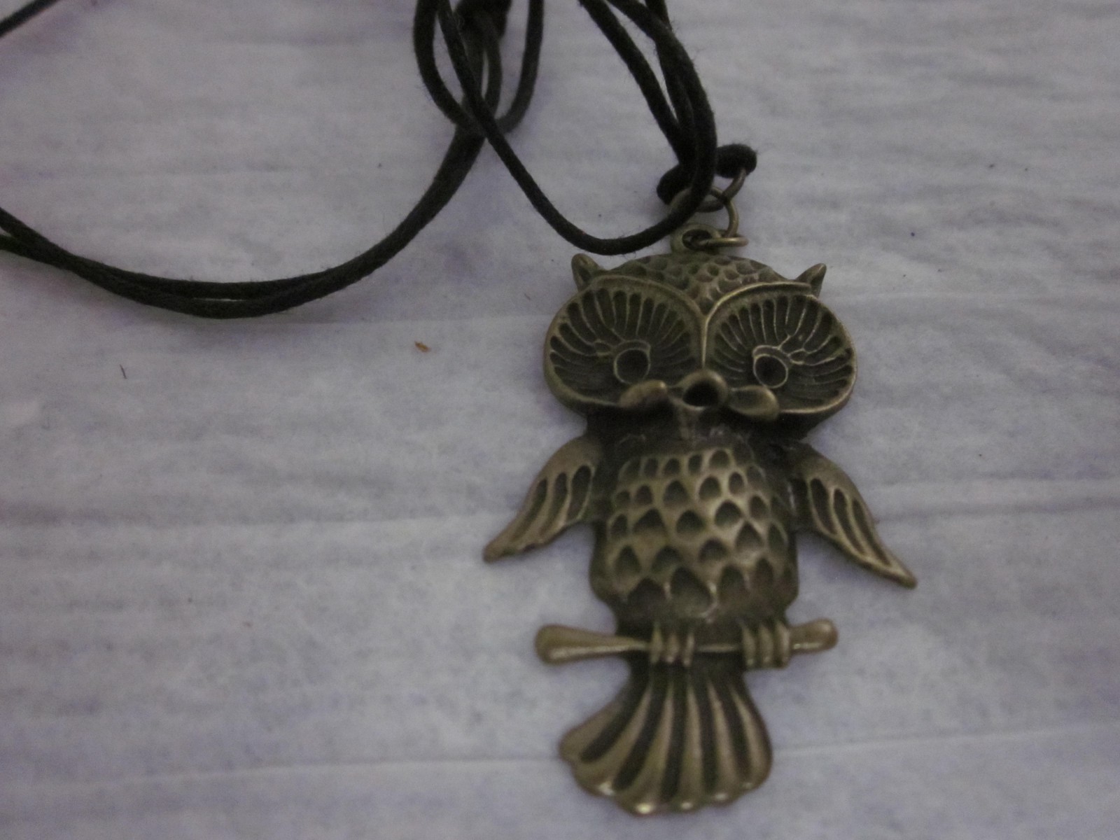 Stamped brasstone metal Owl pendant black cord necklace approx 30″ adjustable