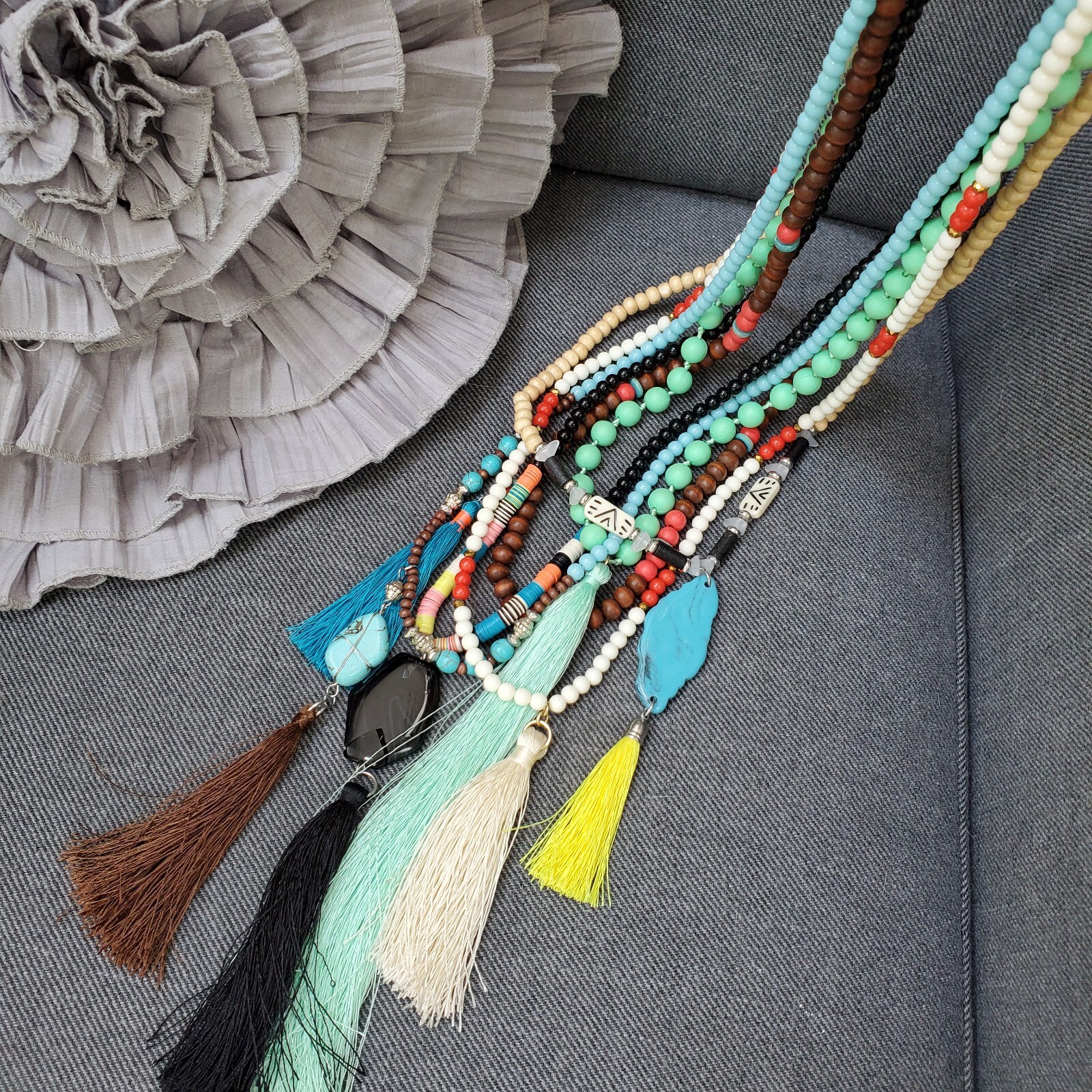 6 Beaded Tassel Necklaces – Wood & Faux Turquoise & Bone & Shell Multicolor Long
