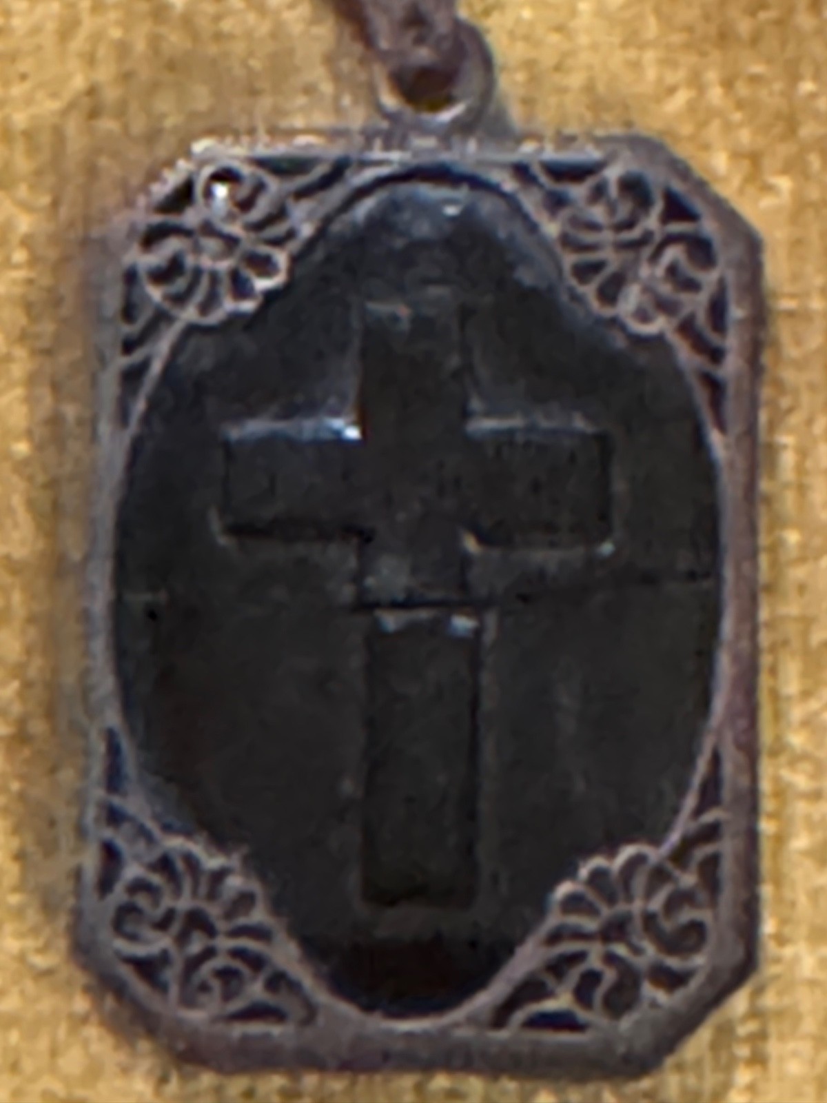 Antique Ornate Border with Black Onyx Mourning Pendant Etched Cross & Star Prism