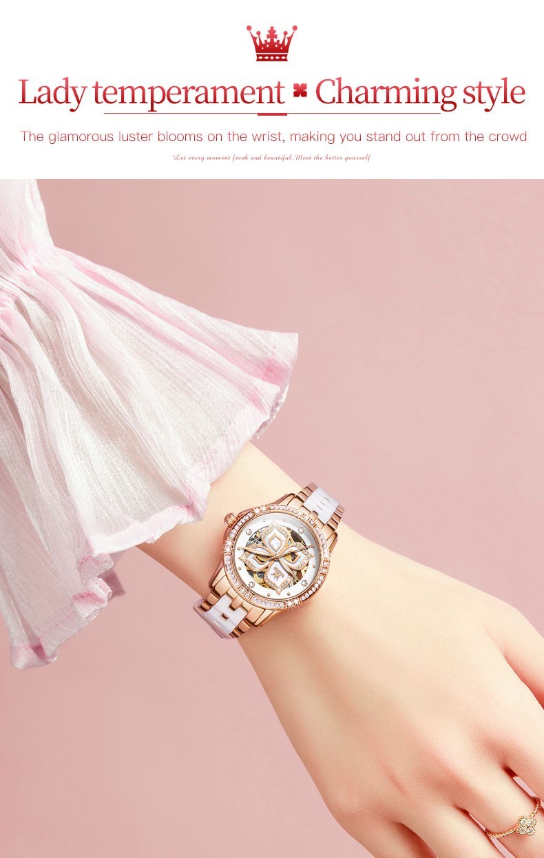 OLEVS 6612 Leather Ceramic Fashion Automatic Female Dress Mechanical Wristwatch