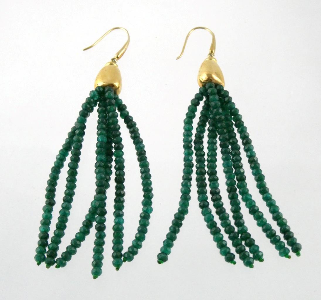 Gilded Sterling Silver Faceted Green Onyx Tassel Hook Earrings 925 18.7g 3.75 In