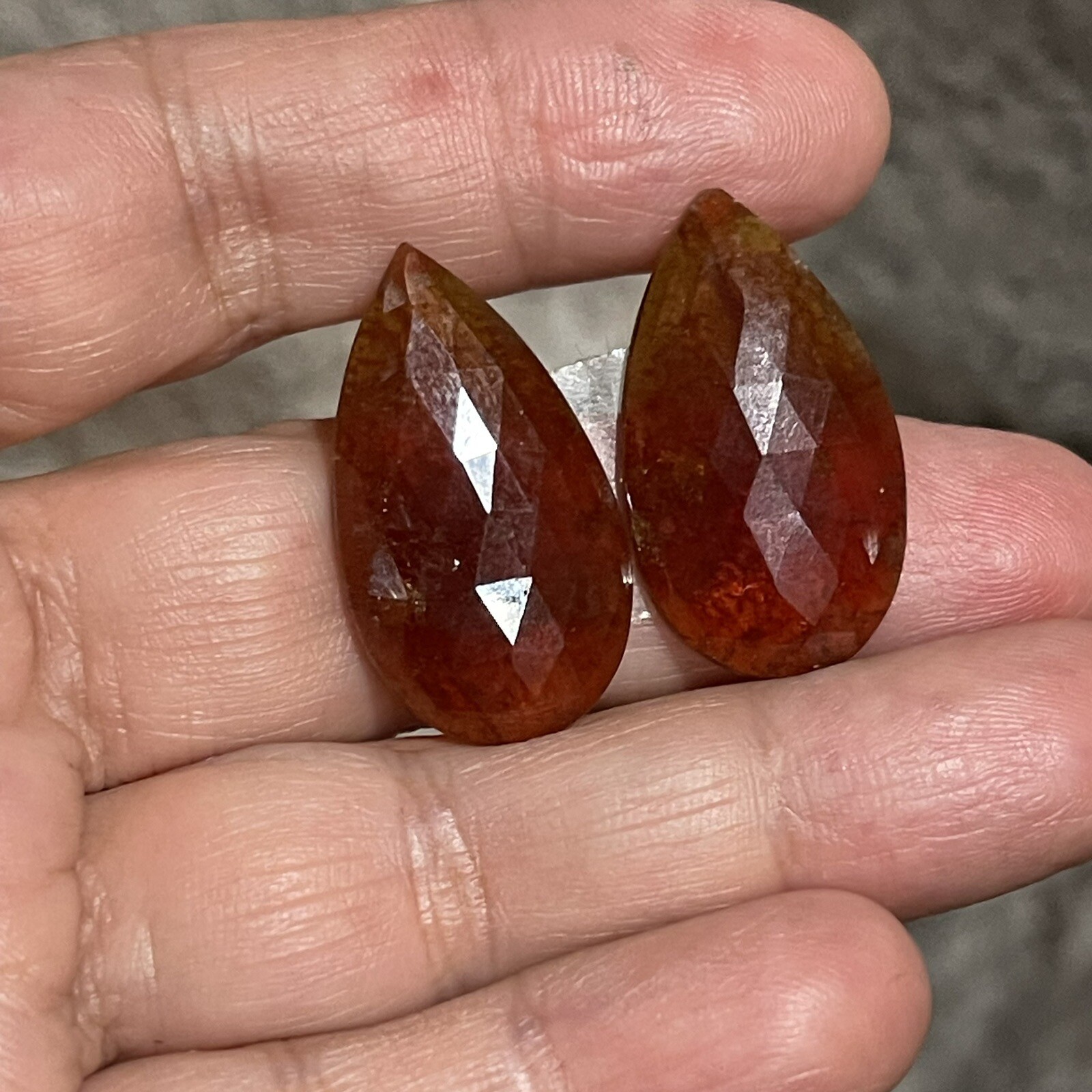37.5ct 28x16x4.5mm Pair Fine Rose Cut Flat Back Hessonite Garnet Drop Cabochons