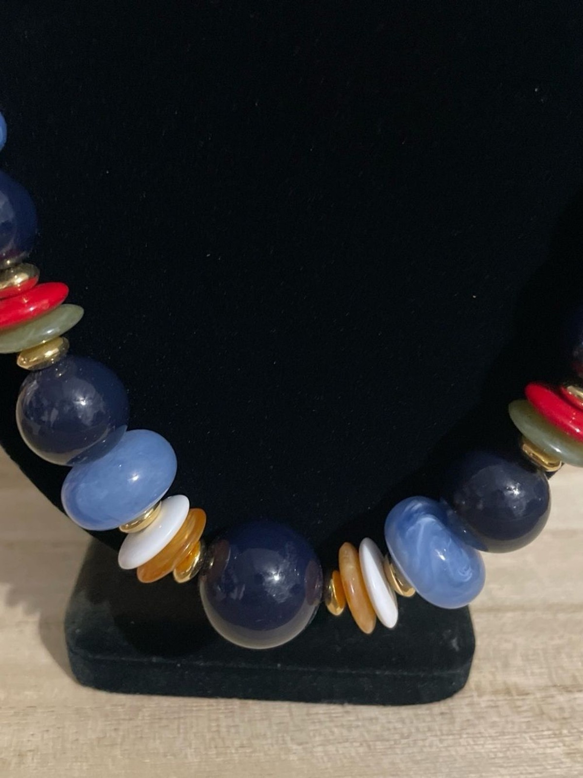 Vintage Handcrafted Multicolor Bead Necklace – Blue, Red, Green, Gold Accents