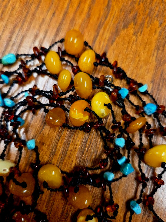 Artisan Genuine Amber Turquoise 84″ Beaded Necklace Multi Strand Knotted Cord