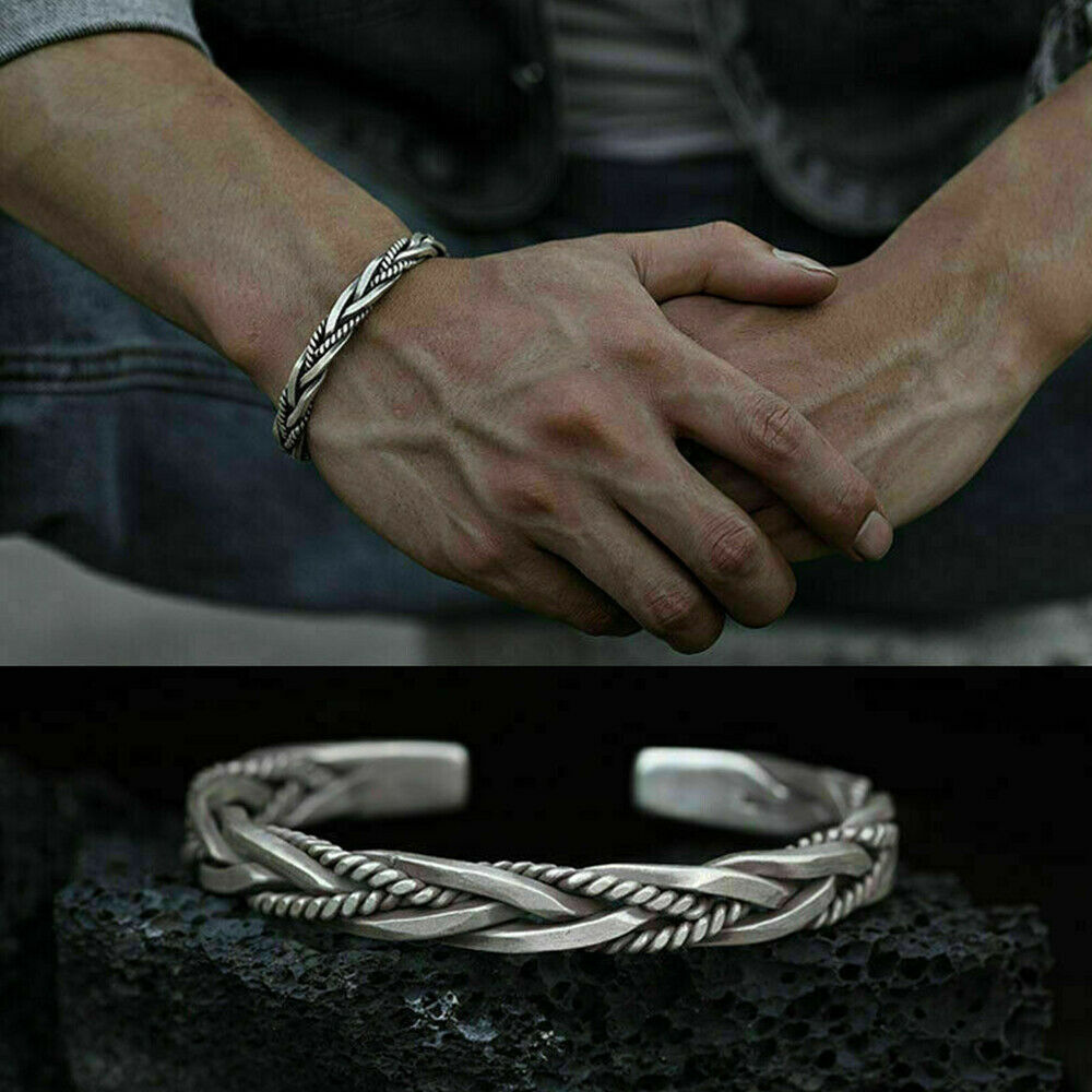 925 Sterling Silver Thai Handmade Vintage Open Bangle Twisted Cuff Men Bracelet