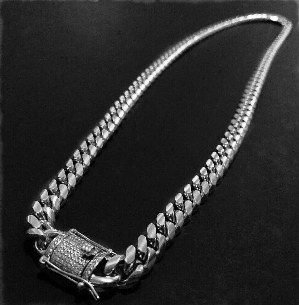 White Gold Plated Stainless Steel Miami Cuban Link Bracelet Chain With CZ Clasp