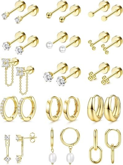 Flat Back Hypoallergenic Surgical Steel Earrings – 20G Gold Plated Stud Set