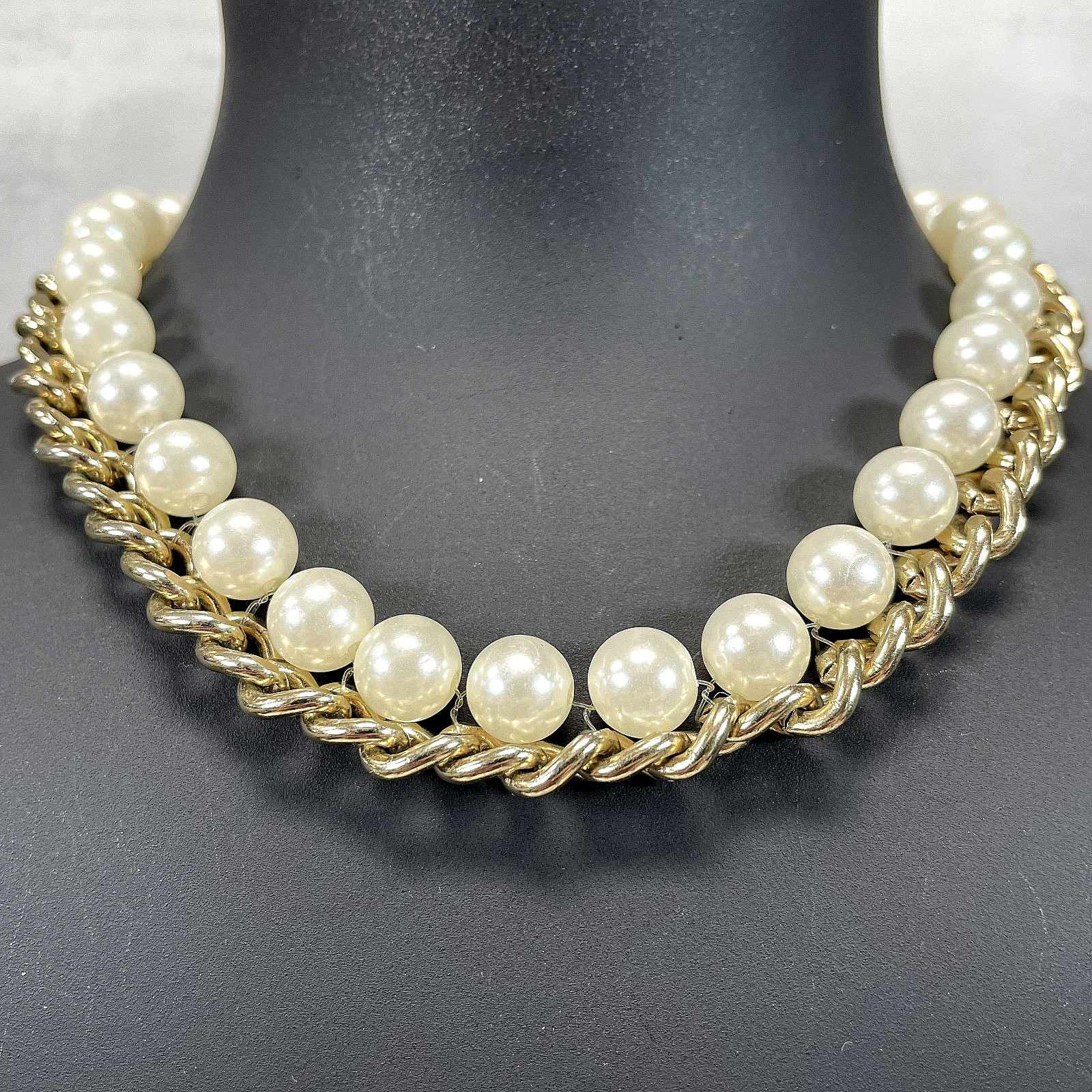Gold Tone Faux Pearl Curb Chain Choker Necklace Chunky Statement Collar 14″