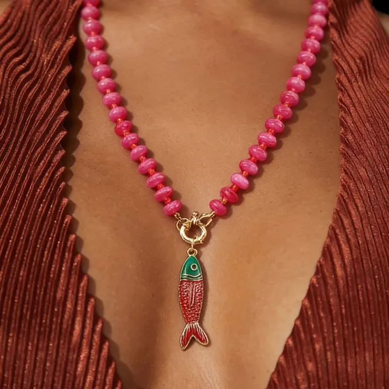 Fish Charm Necklace Pink Beads Charm Pendant Necklace