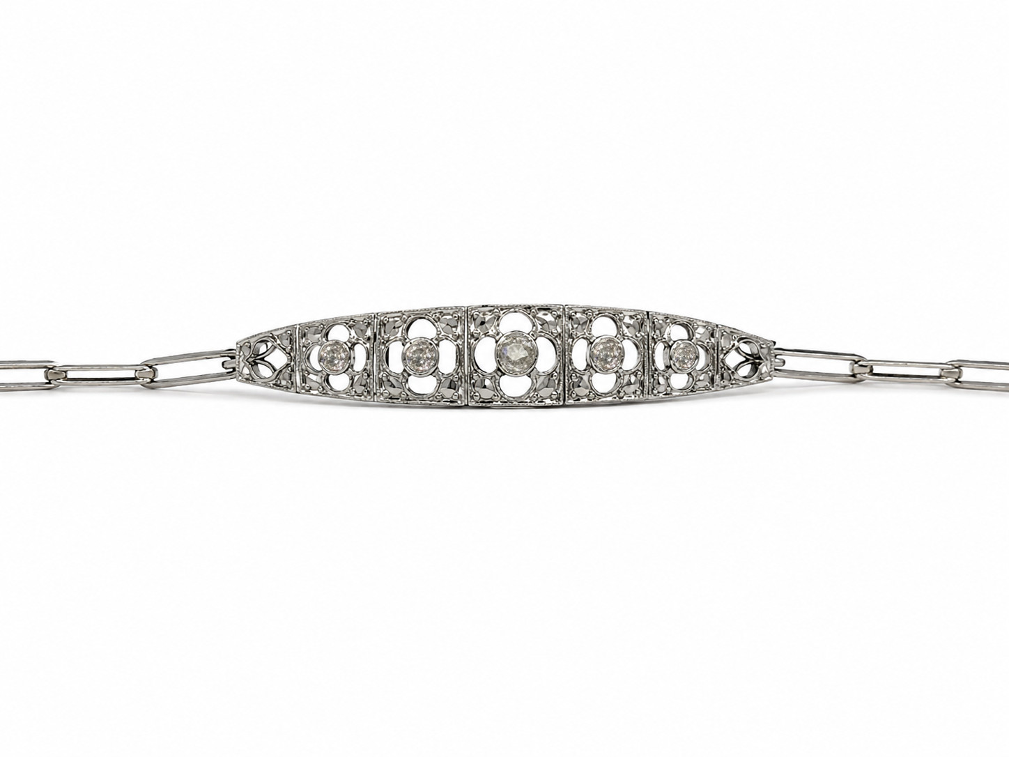 White Gold-Filled and Diamond Art-Deco Open Work Line Bracelet
