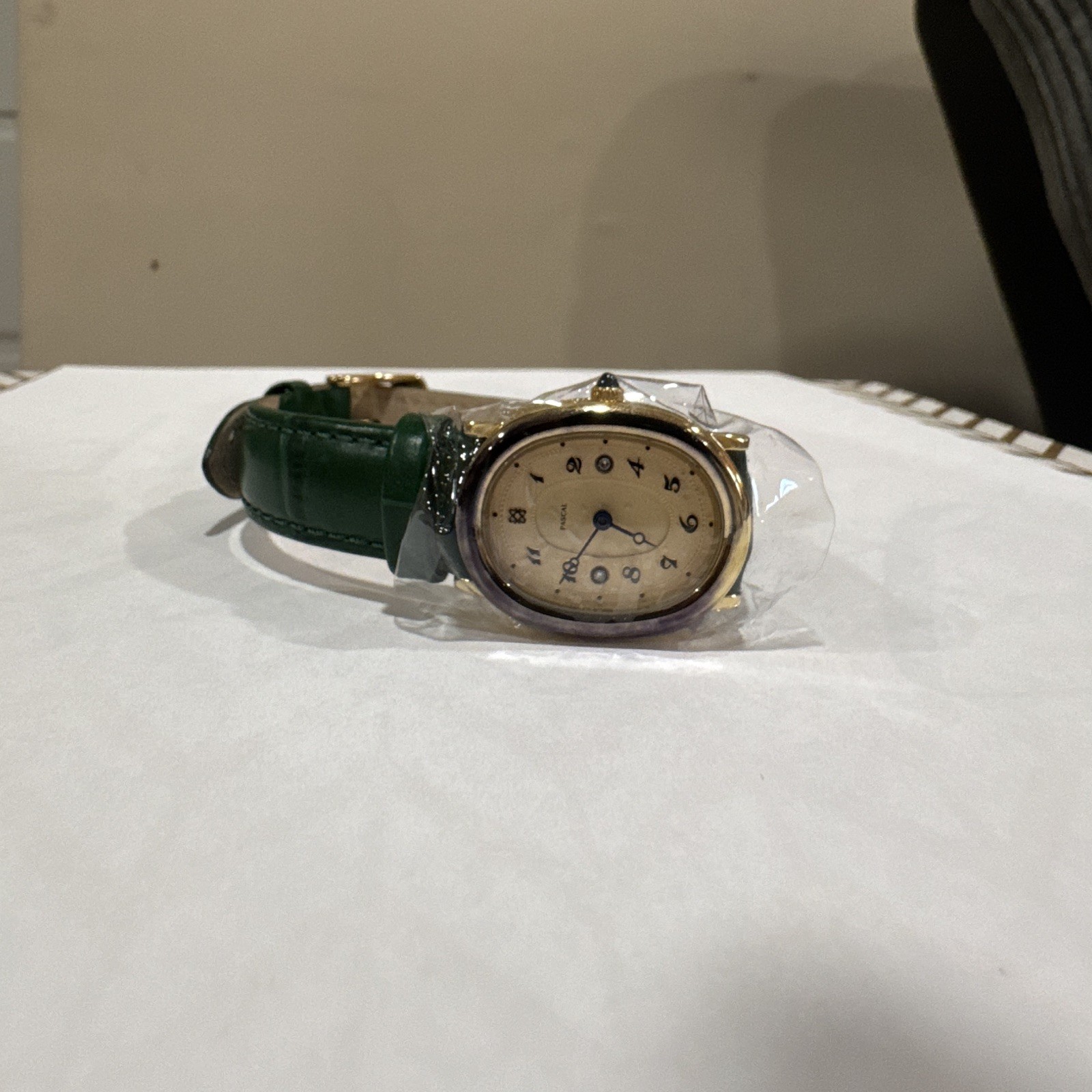 PASCAL Women’s Quartz Dress Watch Oval Gold Tone Beige Arabic Green Leather