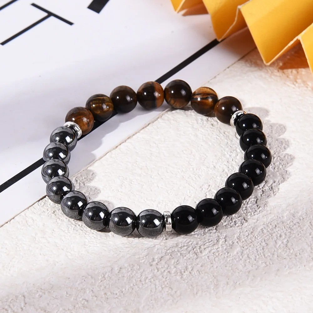 Triple Protection Bracelet Tiger Eye Obsidian Hematite 8mm Bead Stretch