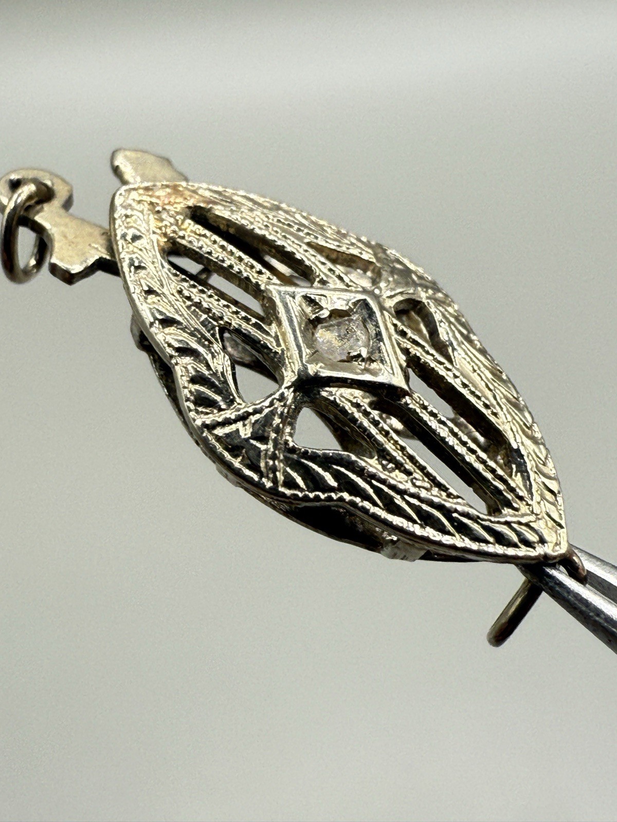 ATQ Art Deco 14k 585 White Gold Diamond Chip J Hook Clasp Closure
