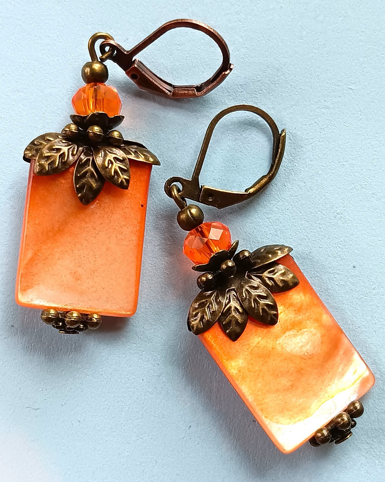 ORANGE SHELL PEARL & Crystal earring COPPER LEVERBACK artisan #LA25