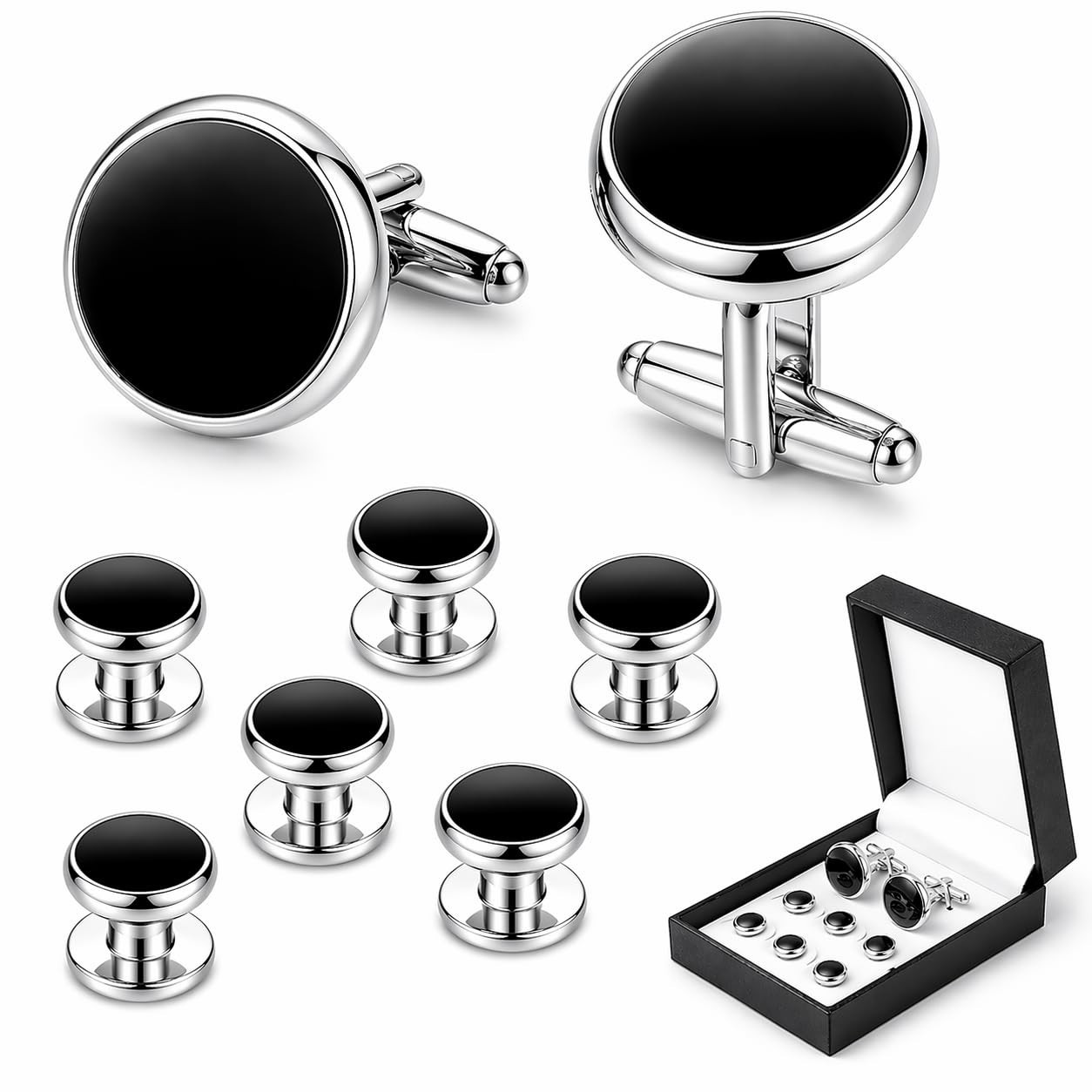 Men’s Stainless Steel Cufflinks & Tuxedo Studs Set – Formal Wedding Jewelry Gift