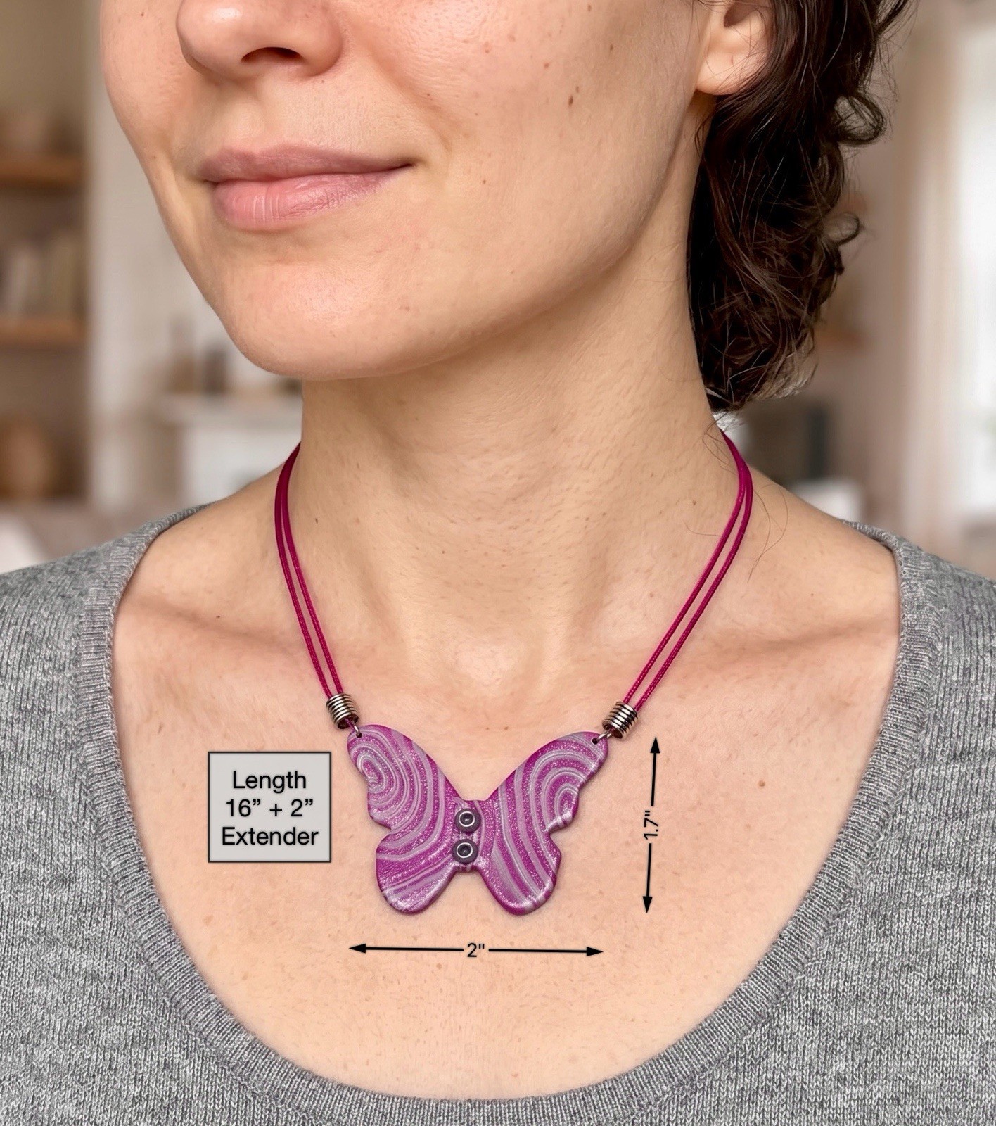 Polymer Clay Purple & Pink Swirl Butterfly Handmade Pendant Necklace Satin Cord