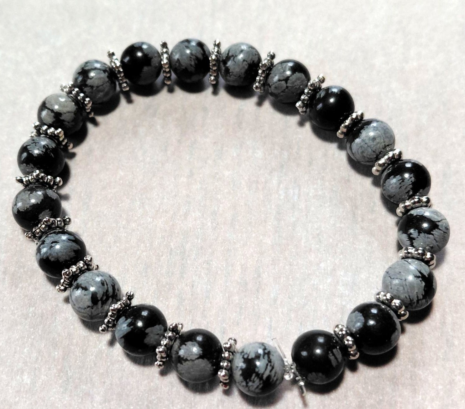 Hand made stretch bracelet Snowflake obsidian black white