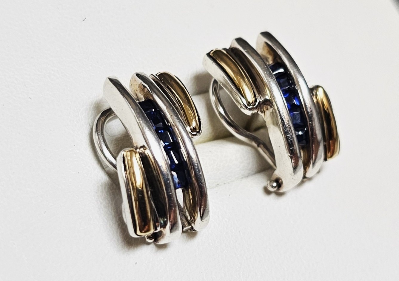 Sterling and 18K Contemporary Style Blue Sapphire Earrings