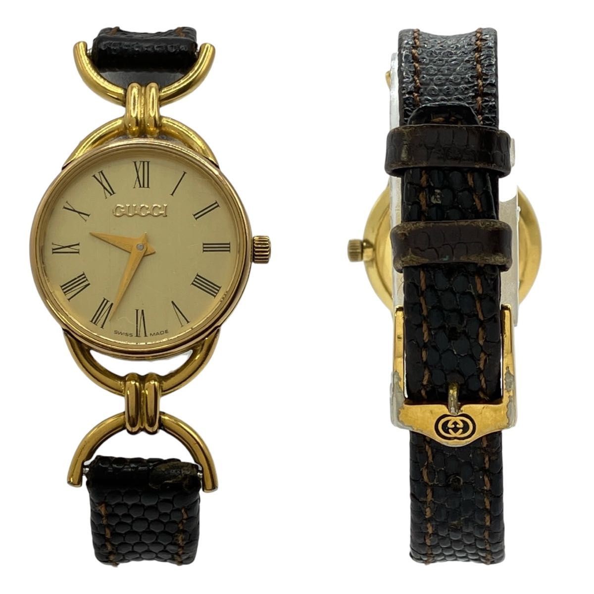 Working GUCCI watch gold dial quartz leather belt 6000L