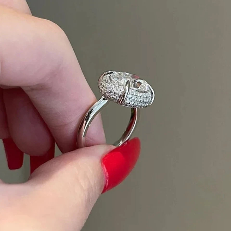 2.70 CTW Oval Moissanite East West Halo Engagement Ring 14K White Gold Plated