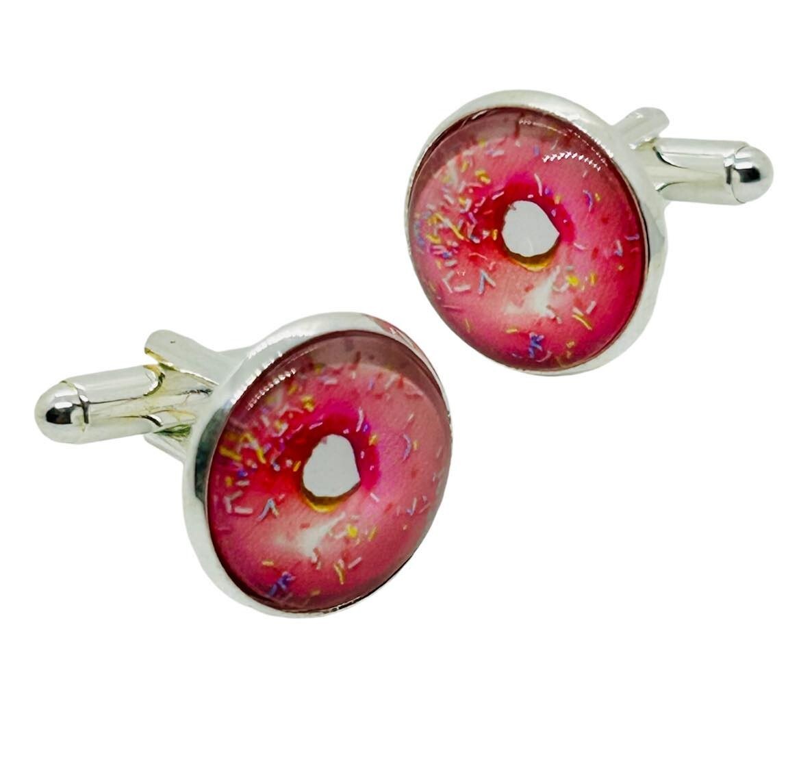 Handmade PINK GLAZED DONUTS CUFFLINKS chrome CUFFS doughnuts SPRINKLES gift BOX
