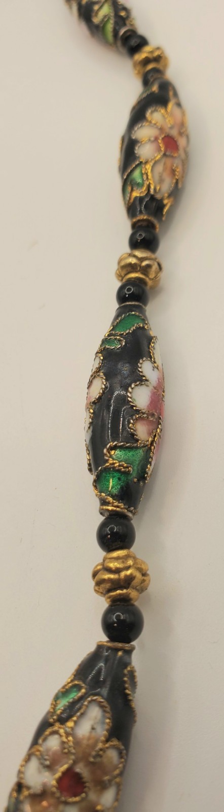 Vintage Black Cloisonne Hand Painted Floral 16″ Necklace & 2 Pr. Earrings