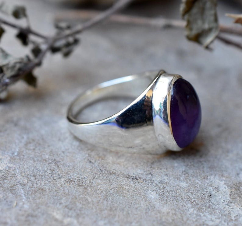 Solid 925 Sterling Silver AA Natural Purple Amethyst Gemstone Men’s Unisex Ring