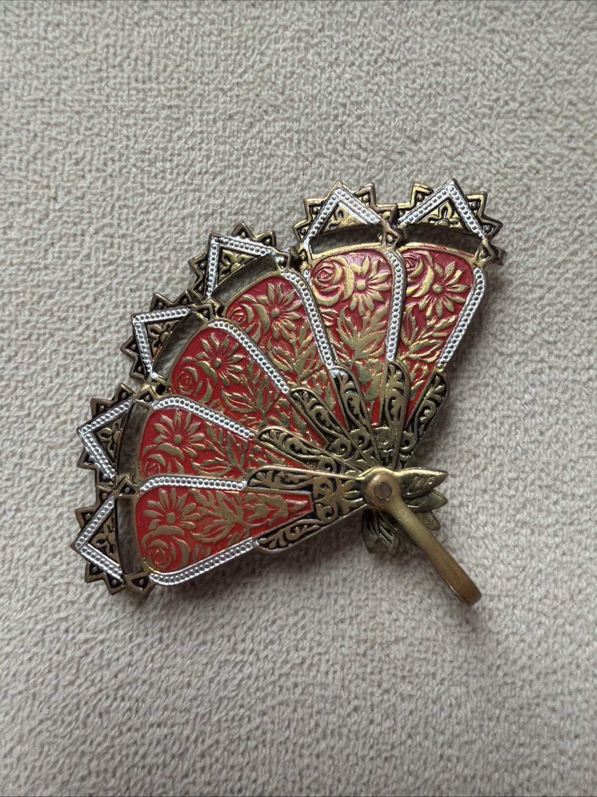 Vintage Spanish Damascene Jewelry Retractable Fan Pin/Brooch 1960’s Spain Barbie