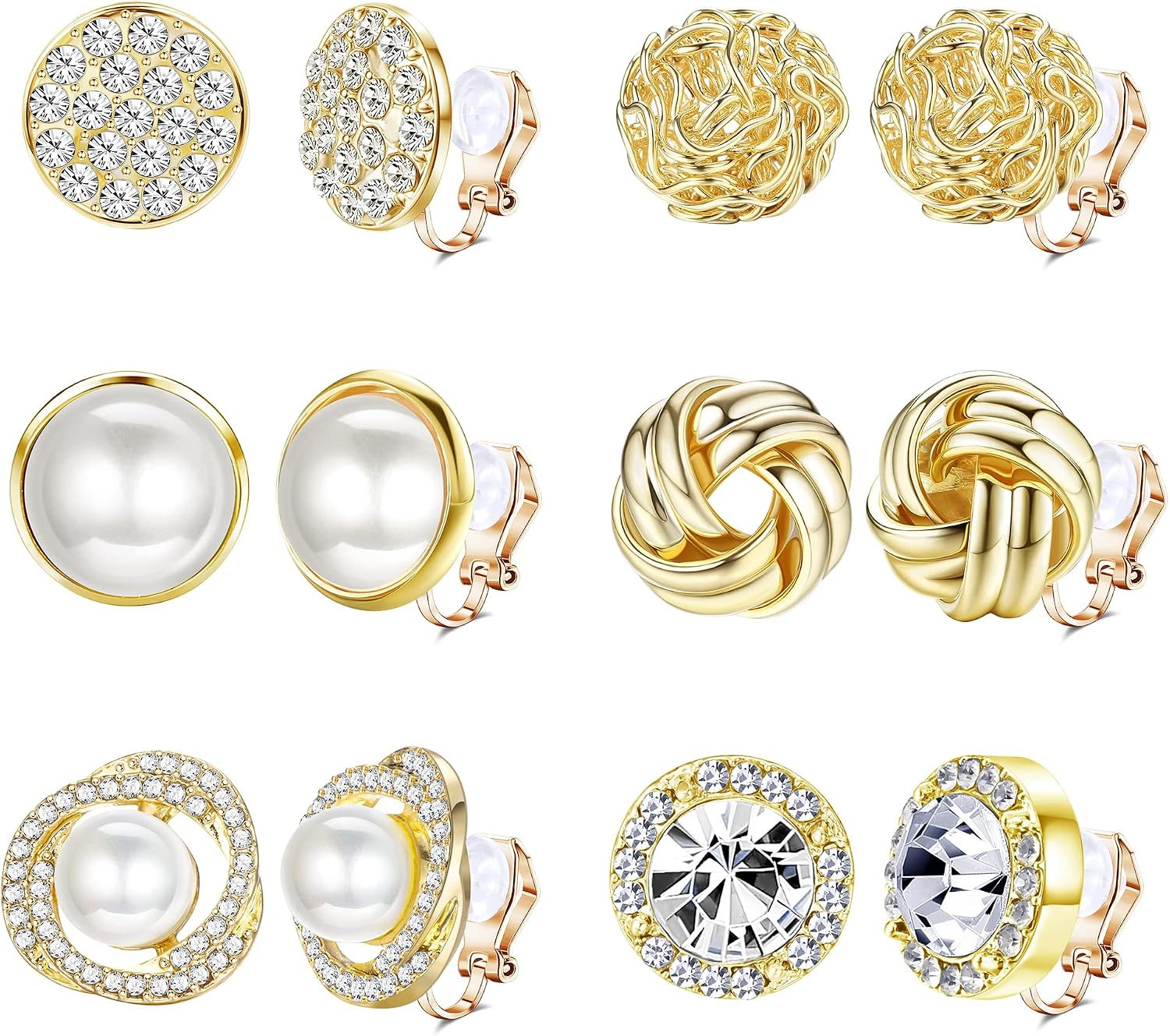 6 Pairs Clip on Earrings for Women | Non Pierced Earrings round CZ Pearl Twist K