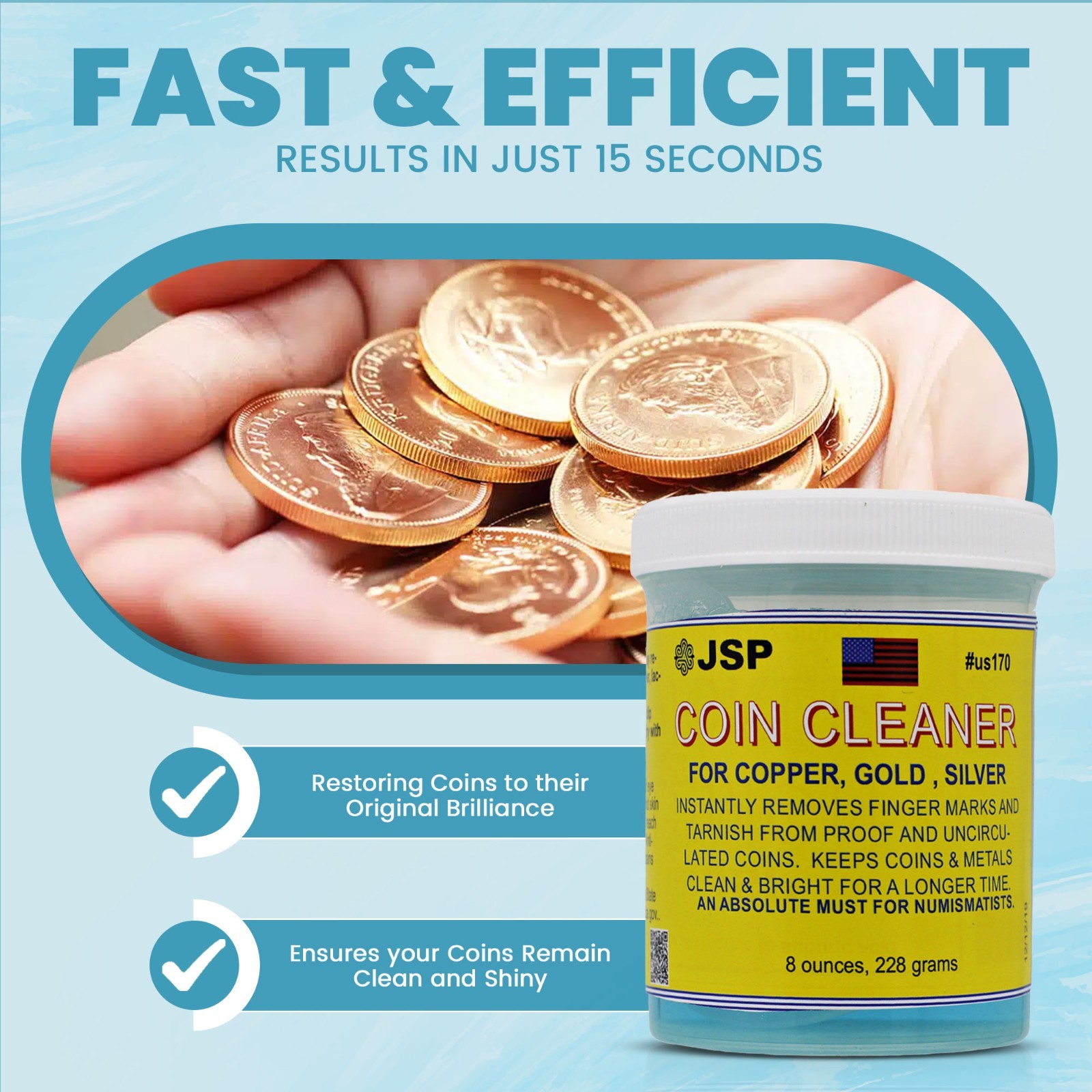 JSP SUPER COIN CLEANER 16 ounces Silver Copper Gold Jewelry Bars Remove Tarnish