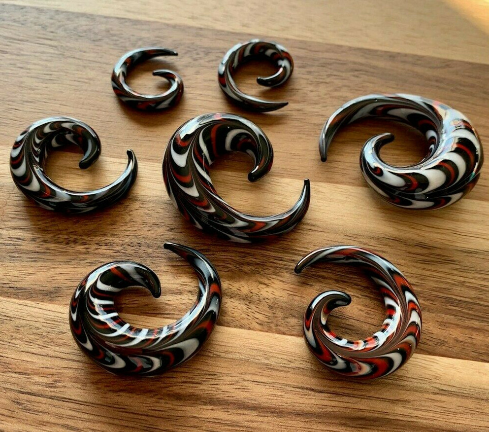 PAIR Red, White & Black Glass Spiral Tapers Expanders Plugs Gauges Body Jewelry