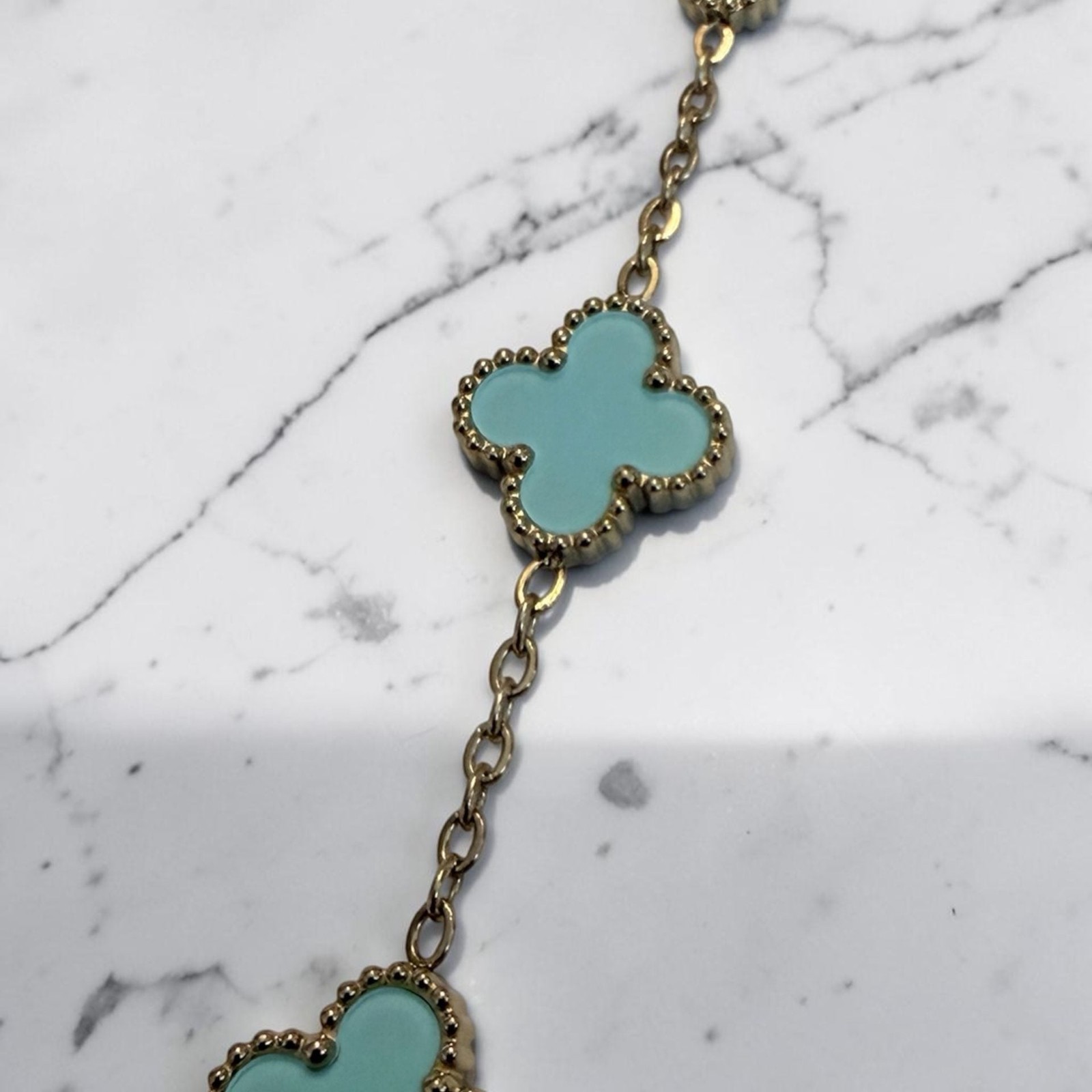 Clover Motif Bracelet with Turquoise Enamel and Gold Plated Chain