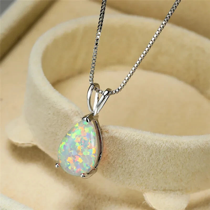 White Opal Stone Pendant Minimalist Droplet Fire Opal Necklace Sterling Silver