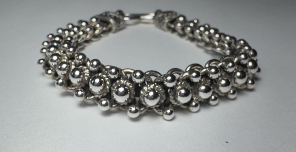 Suarti BA Bali 925 Sterling Silver Ball Bead Cluster Bracelet 44g 8″ S-Hook