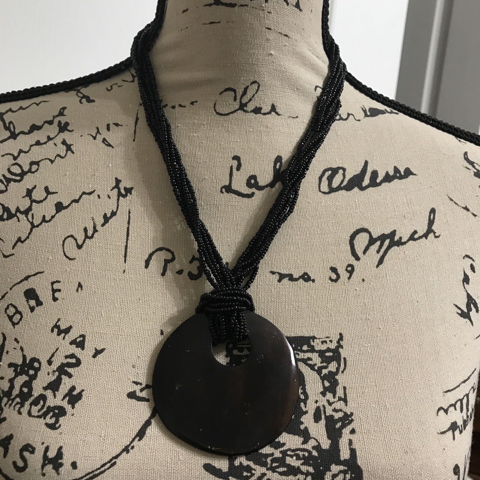 Black Pendant Round Disc Seed Bead Multi-Layer tussles Necklace African Kenya