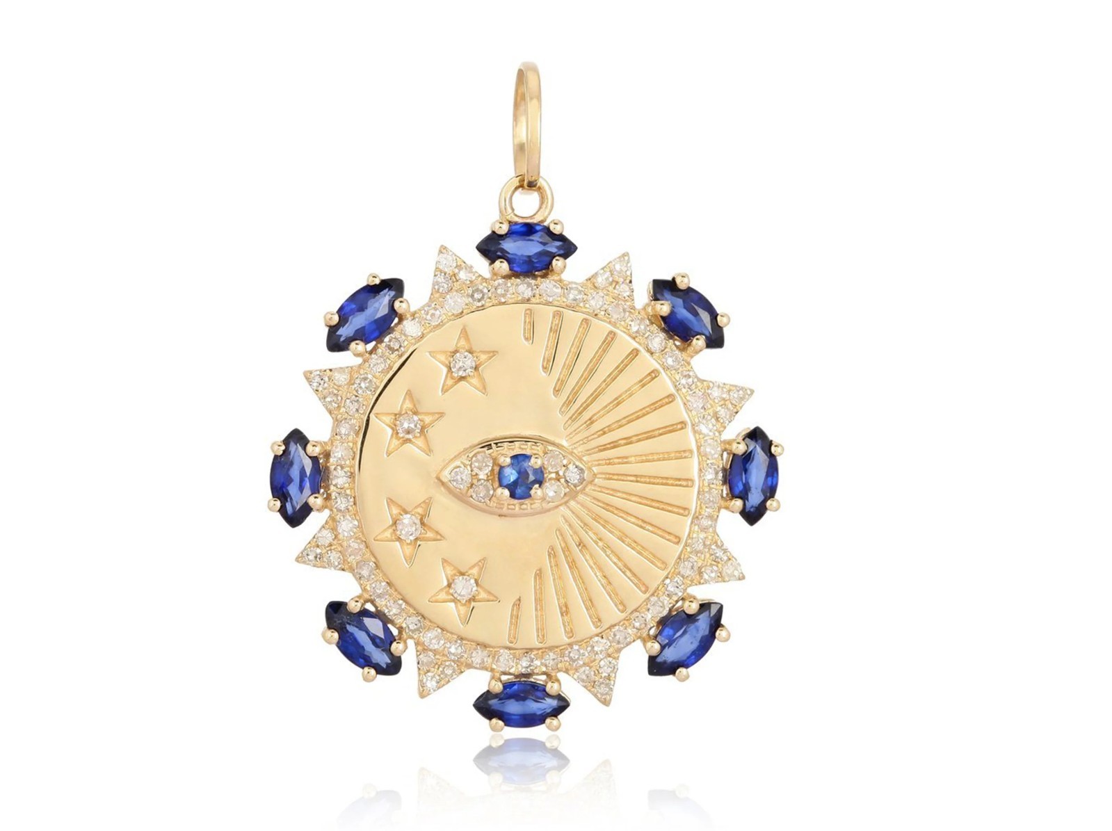 Lab Created Moissanite and Blue Sapphire Evil Eye Medallion Pendant 925 Silver