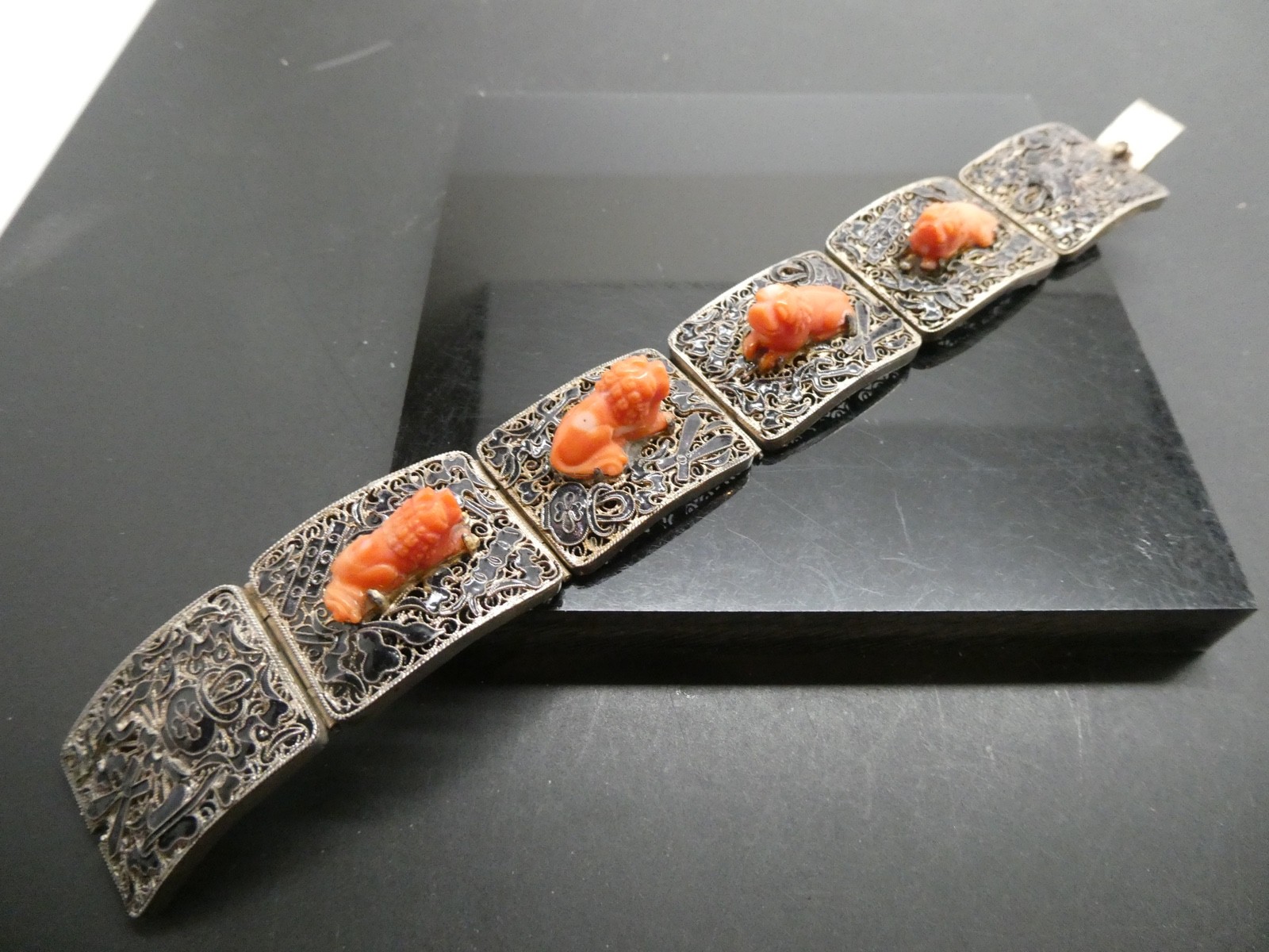 Vintage Chinese Export RARE Coral Lion Enamel Gilded Silver Bracelet Size 6.5″
