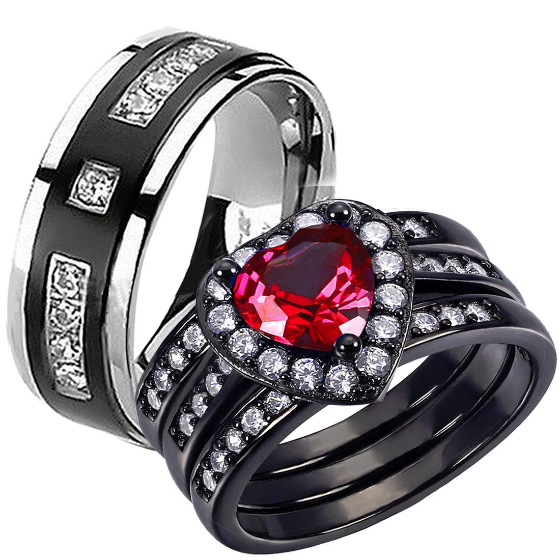 Heart Cut Sterling Silver Simulated Ruby His Titanium Wedding Rings Band Set