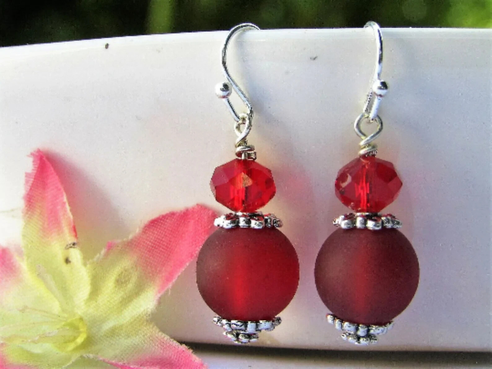 Red Sea Glass Silver Dangle Earrings-Beach Dangles-Gift For Beach Lover-Gift