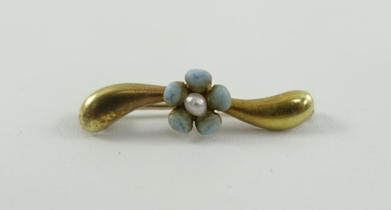 10K yellow gold ladies vtg antique 1″ bar pin w/ pearl 1.1g