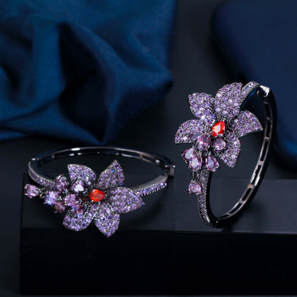 Black Gold Plated Purple CZ Large Round Dangle Drop Tassel Flower Hoop Earrings