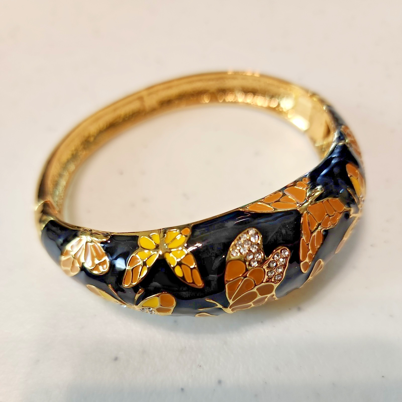 Handcrafted Enamel Gold Cloisonne Butterfly Bangle Bracelet w Austrian Crystals
