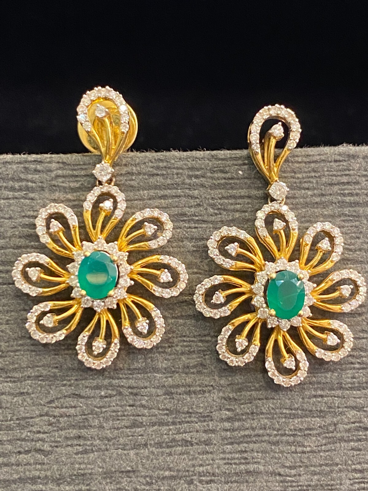 Stunning 1.86 Cts Round Brilliant Cut Diamonds Emerald Dangle Earrings 14K Gold