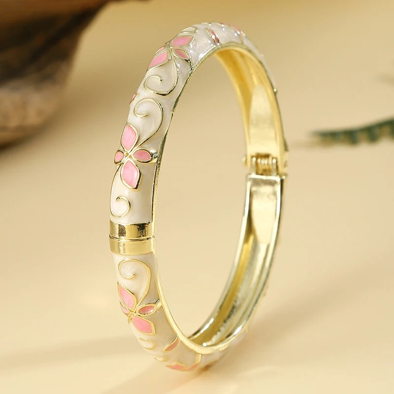 Flower Pattern Enamel Cloisonne Bracelet for Women Retro Gold Color Plated Bangl