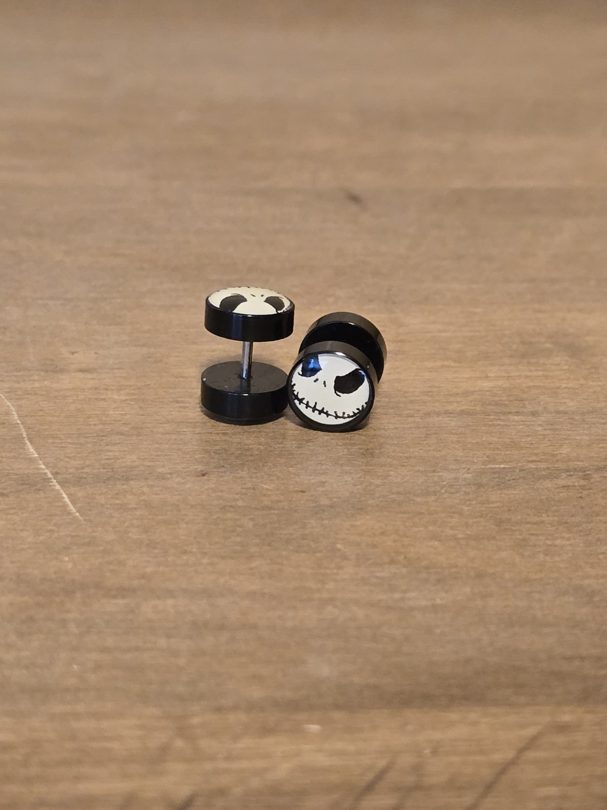 Black & White Skull Barbell Earrings Pair, Stainless Steel Screw Closure