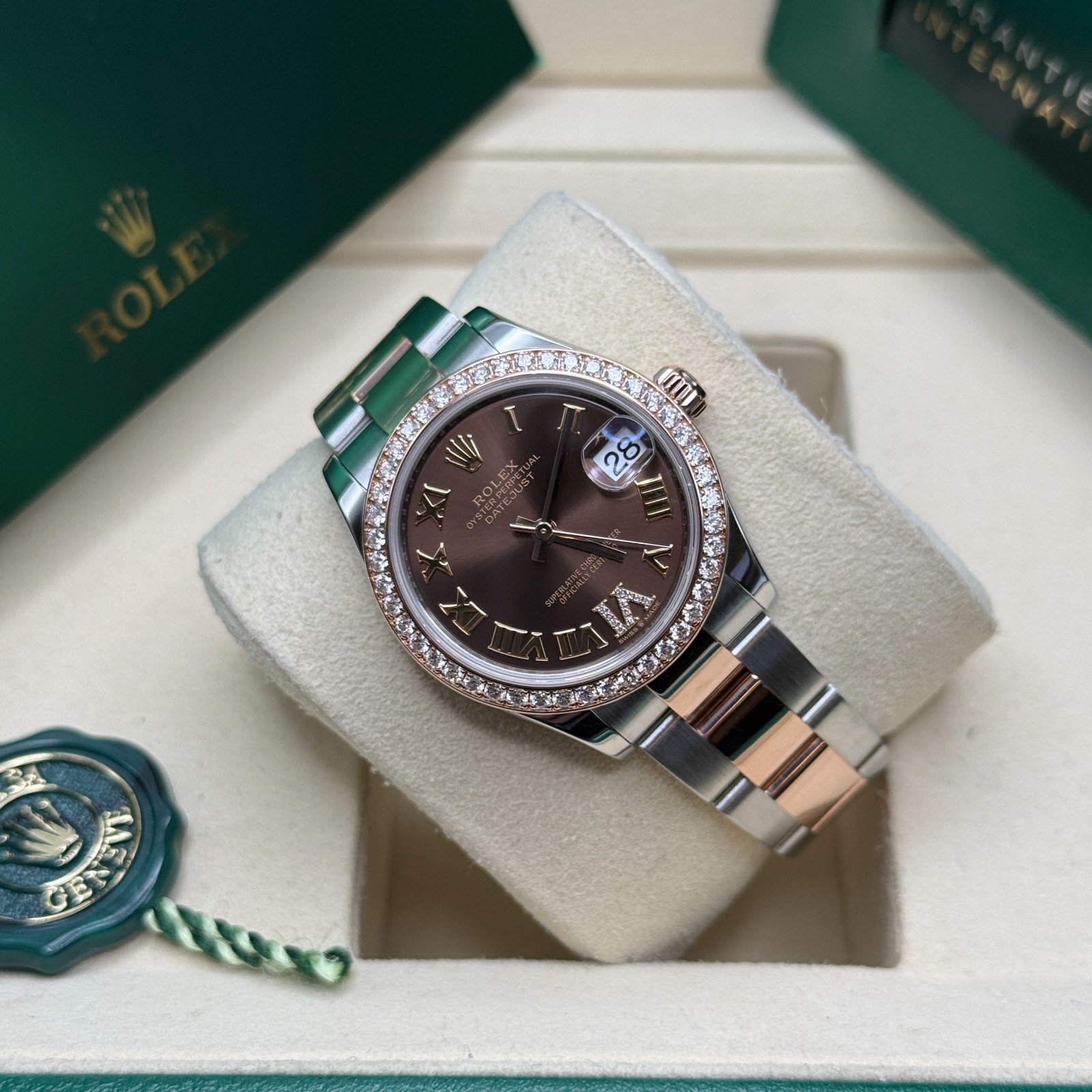 Rolex Datejust 31 NEW 2025 Chocolate Pave 6 Roman Diamond Bezel Two Tone Oyster