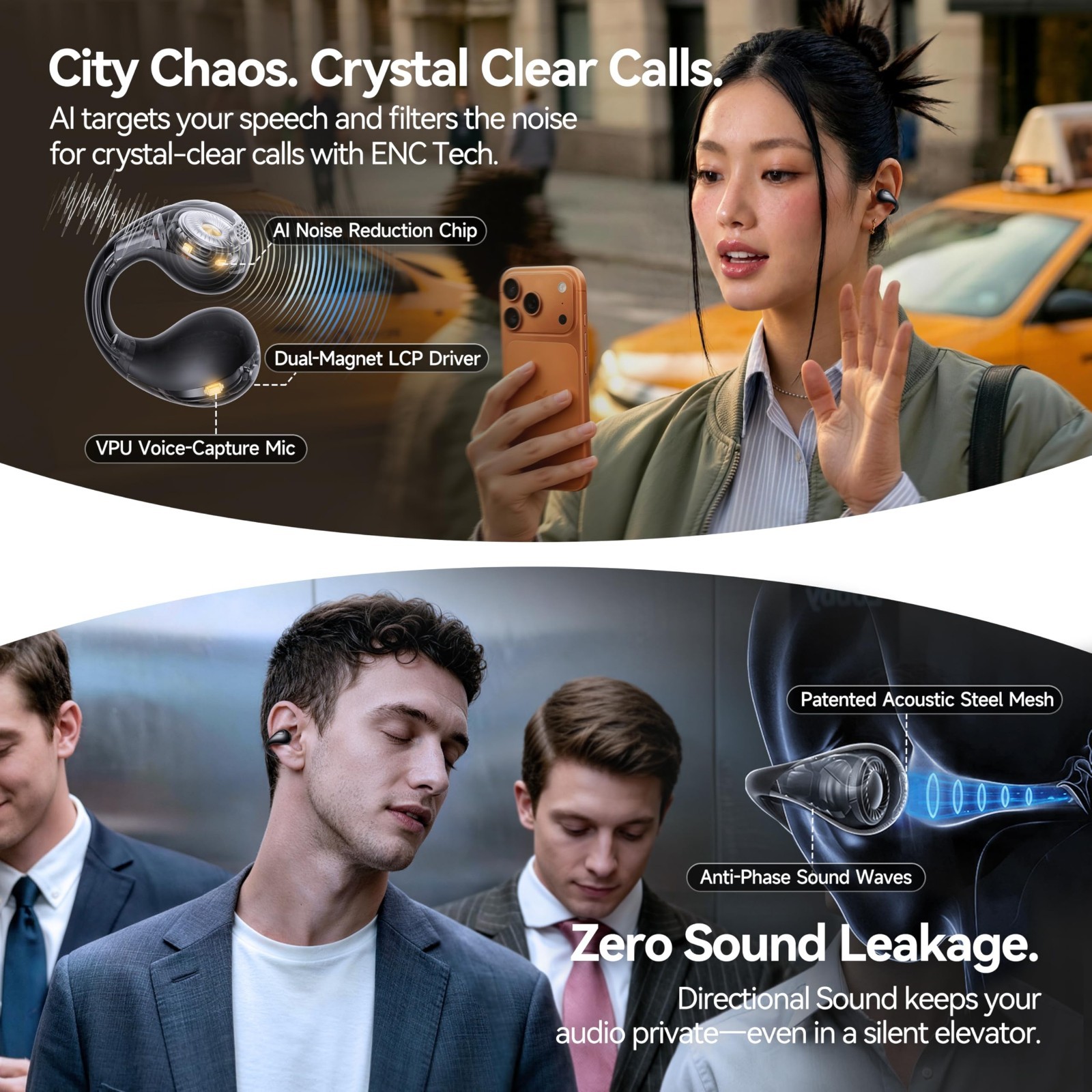 Comfortable Clip-on Earbuds with Zircon Earrings, 70H Playtime, Hi-Res Sound – P