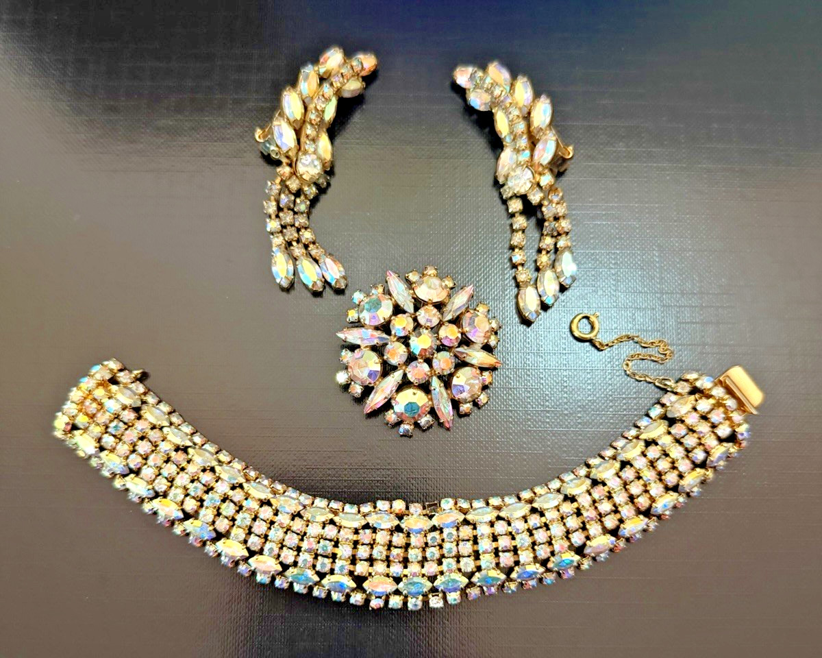 Sherman Amazing Vintage Golden Rainbow AB Statement Brooch Bracelet Earring Set
