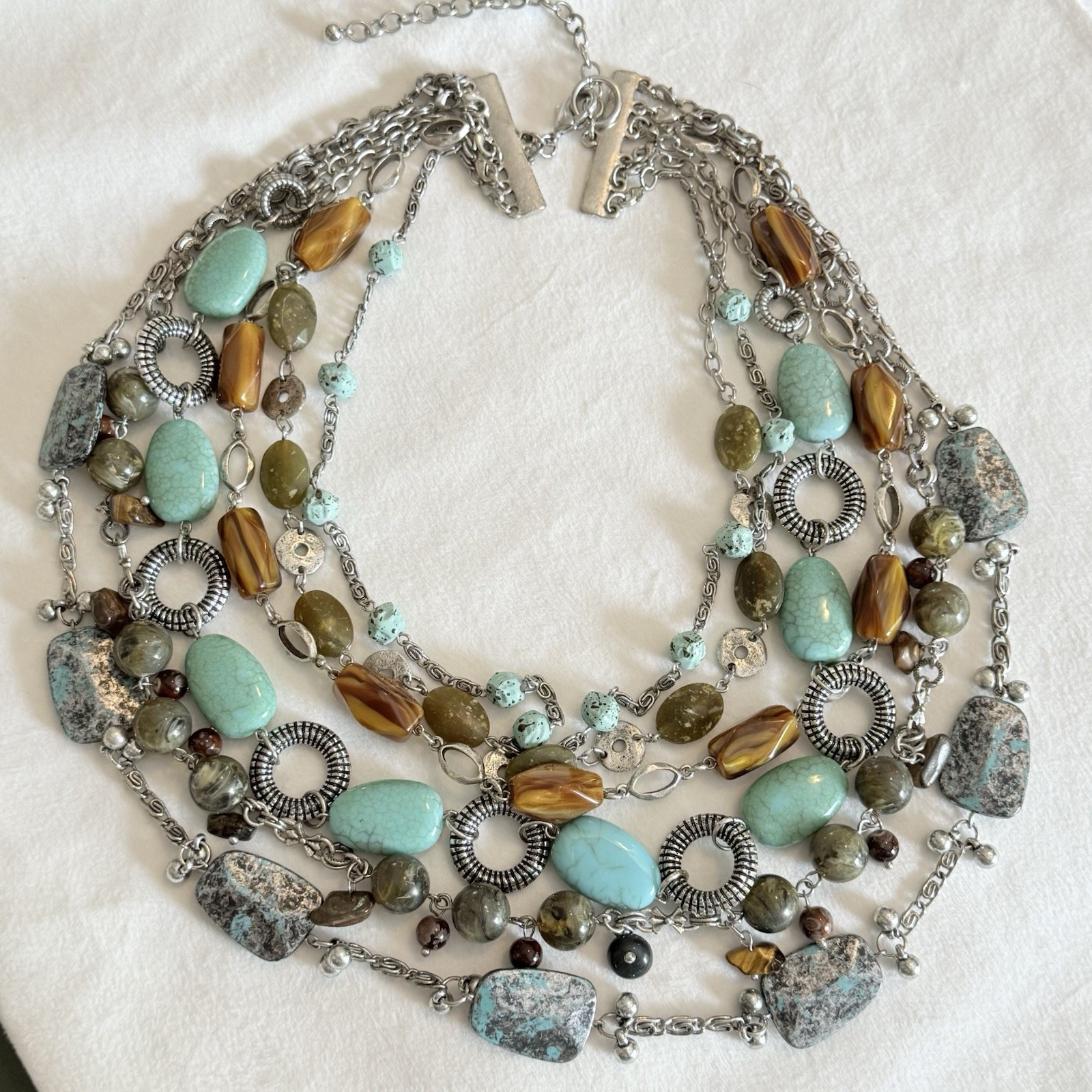 Treska 6 Strand Multi-Stone Multi-Color Statement Necklace Adjustable Length Vtg